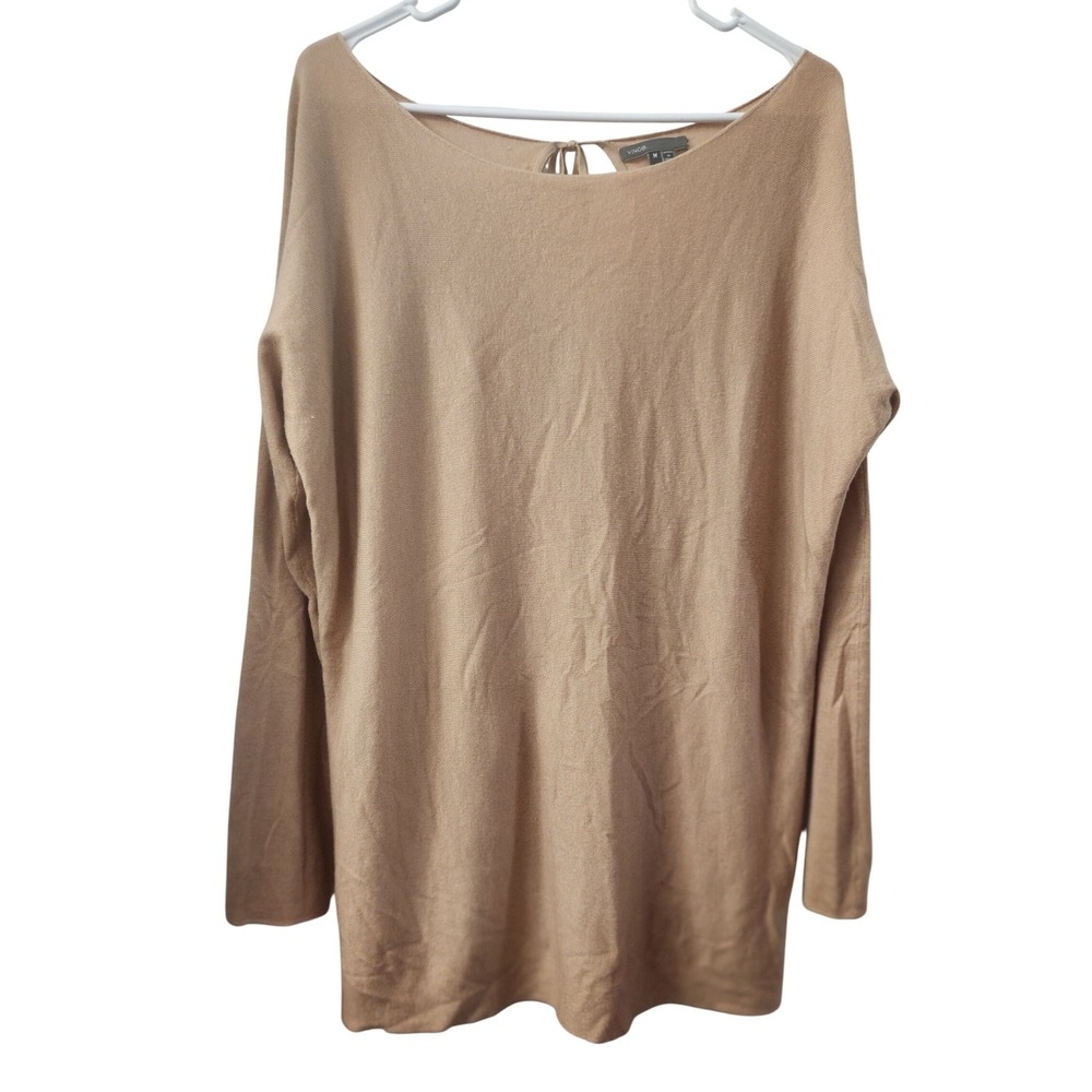 Vince Tan Cashmere Blend Deep V-Back Tie Boat‎ Neck Oversized Sweater Womens M